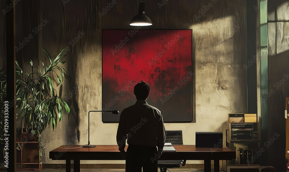 Man Contemplates Abstract Art in Dim Office Man Contemplates Abstract Art in Dim Office