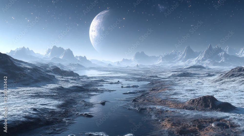 Frozen alien landscape with a crescent moon and starry night sky. Frozen alien landscape with a crescent moon and starry night sky.