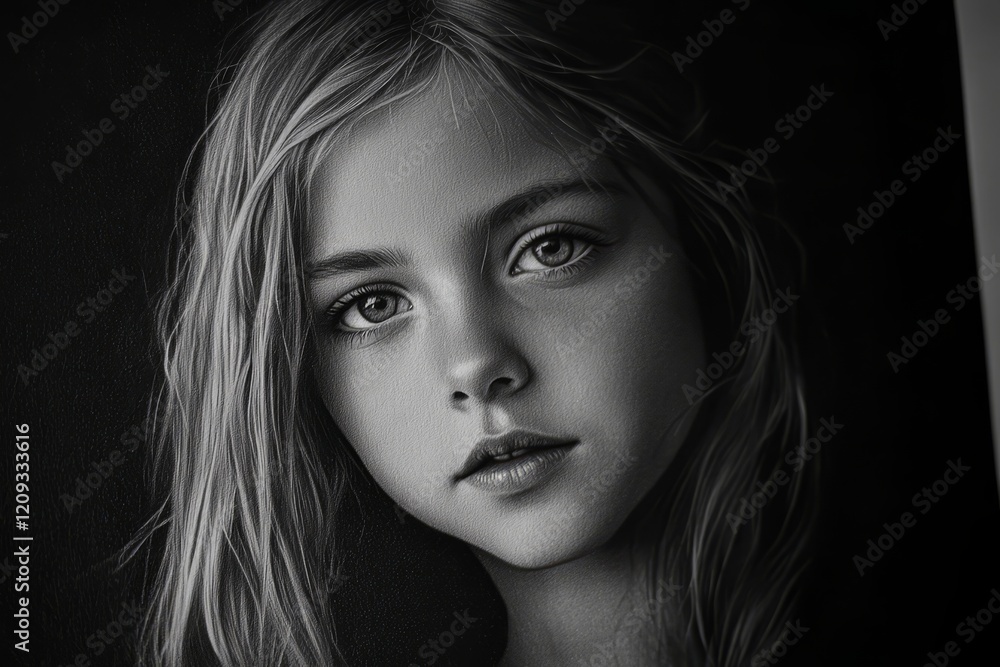 A black-and-white portrait of a young Caucasian girl with soft, curious eyes, Generative AI A black-and-white portrait of a young Caucasian girl with soft, curious eyes, Generative AI