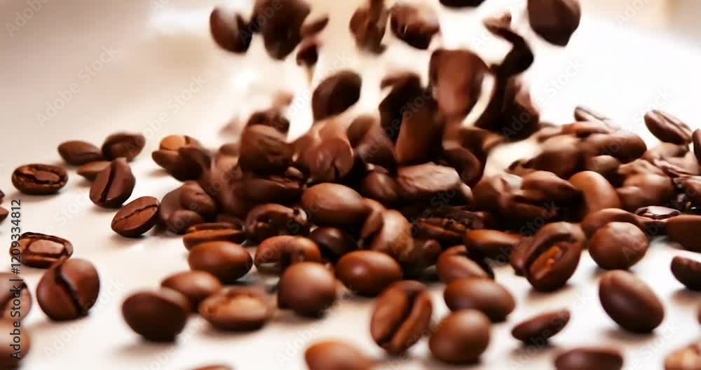 A steady stream of fresh, glossy coffee beans is poured from above, cascading down in a smooth flow against a white backdrop. A steady stream of fresh, glossy coffee beans is poured from above, cascading down in a smooth flow against a white backdrop.