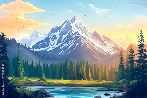 Sunset over a snowy mountain lake in the Alps with trees and clouds