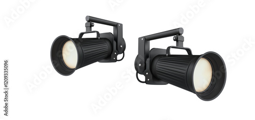 3d vector illustration of two black studio spotlights with adjustable mounts, providing focused lighting for stage, photography, or design purposes. Ideal for lighting and creative projects. 