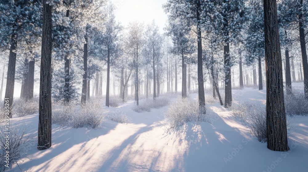 Naklejka premium A serene winter forest scene with snow-covered trees and gentle sunlight.