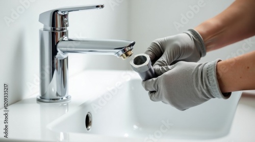 Close-up view of a person wearing protective gloves installing a plumbing fitting onto a chrome faucet in a modern bathroom sink