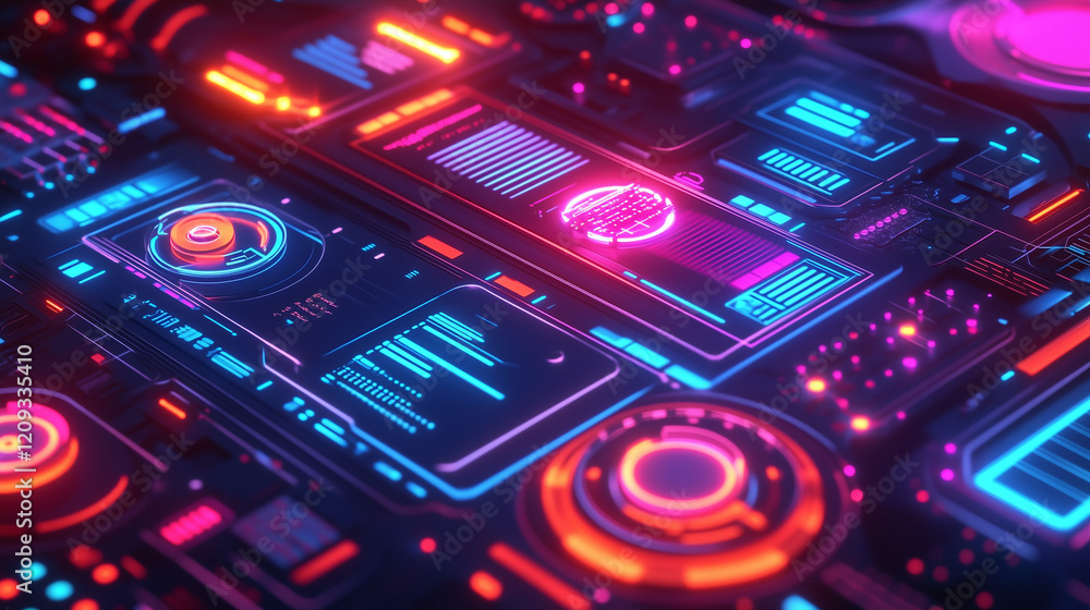 Obraz premium A futuristic digital interface with holographic elements, showcasing data analytics, graphs, and technology symbols in vibrant neon tones, representing advanced technology and innovation.