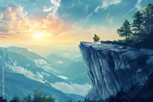 Sunrise over snowy mountain peaks with clouds and a clear sky