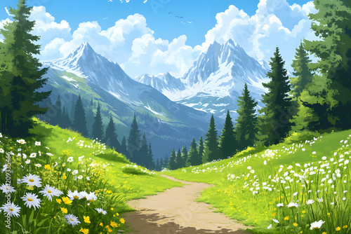 A scenic view of the snowy Alps with lush green meadows, towering trees, and a peaceful valley under a cloudy sky in the summer