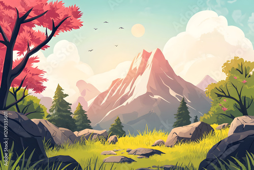 Sunset over mountains and forest with a tree and scenic landscape