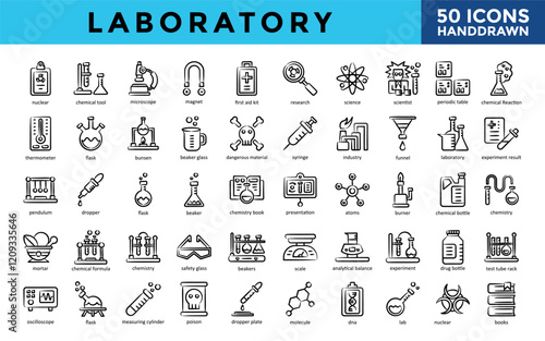 Laboratory icons set with nuclear, chemical tool, microscope, magnet, first aid kit, research, science, scientist, periodic table, chemical reaction icon. Simple handdrawn vector 
