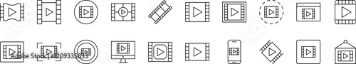 Collection of Video Tape Related Line Icons. Outline Signs for Graphic and Web Design, Apps, Adverts, Various Cards