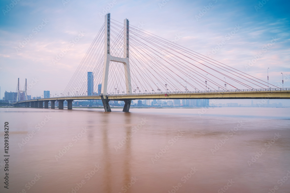 Fototapeta premium The urban skyline, Bayi Bridge, and Ganjiang River scenery of Nanchang City, Jiangxi Province, China on April 1, 2024