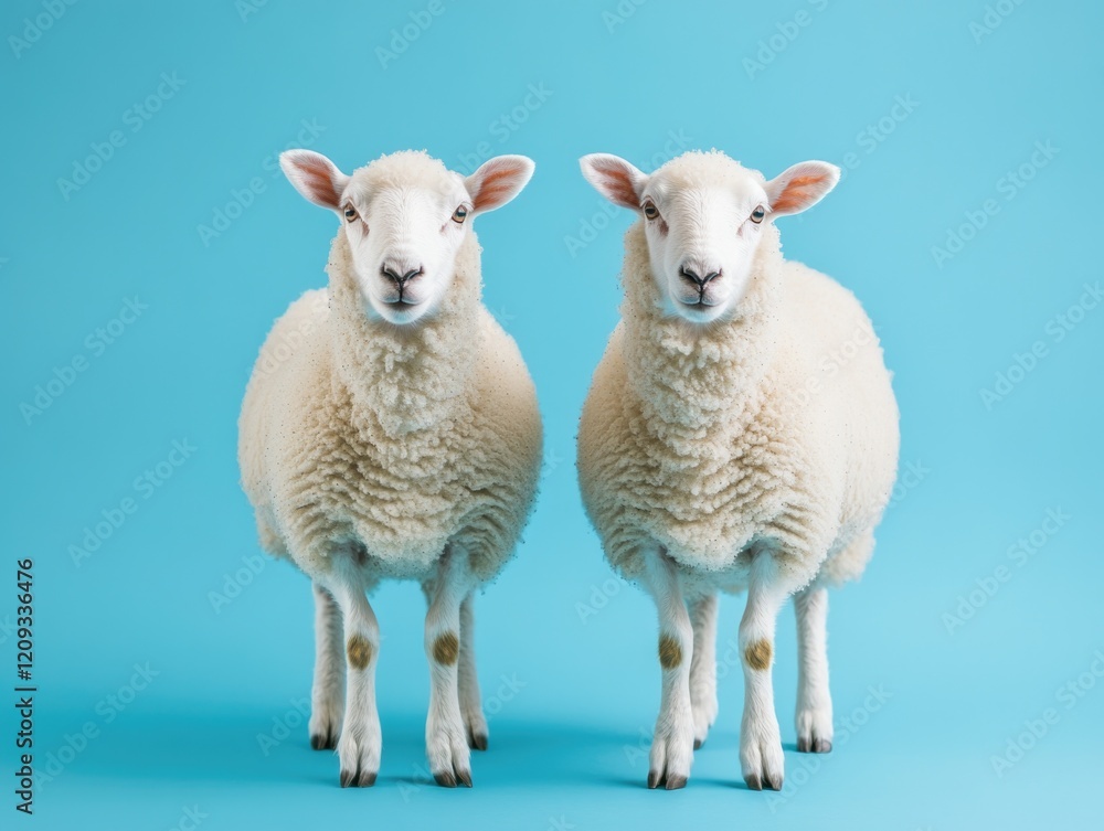Fototapeta premium Two sheep standing together on blue