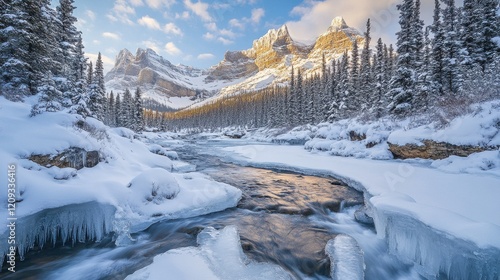 Wallpaper Mural A serene winter landscape featuring a frozen river and majestic snow-capped mountains. Torontodigital.ca