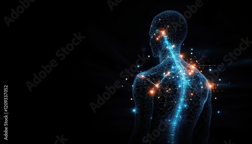Scifi anatomical concept showing nerve pain travel paths across the body, glowing lines and holographic elements, pain mapping