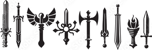 RPG weapon icon set, vector fantasy game sword collection, dungeon dragon battle attack object kit. Magic sorcerer staff, warrior dagger, medieval bow, arrow, character equipment. Vintage RPG weapon