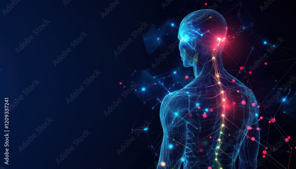 Scifi anatomical concept showing nerve pain travel paths across the body, glowing lines and holographic elements, pain mapping Scifi anatomical concept showing nerve pain travel paths across the body, glowing lines and holographic elements, pain mapping