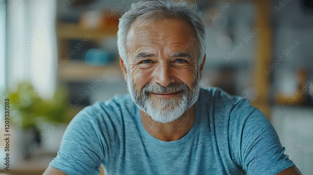 senior man smiling warmly in cozy indoor setting, showcasing happiness and contentment senior man smiling warmly in cozy indoor setting, showcasing happiness and contentment