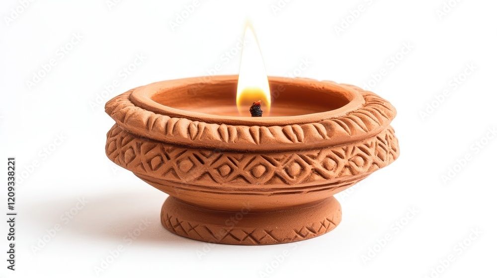 Classic clay diya lamp glowing with a golden flame, isolated on a clean white backdrop, perfect for festive themes. Classic clay diya lamp glowing with a golden flame, isolated on a clean white backdrop, perfect for festive themes.