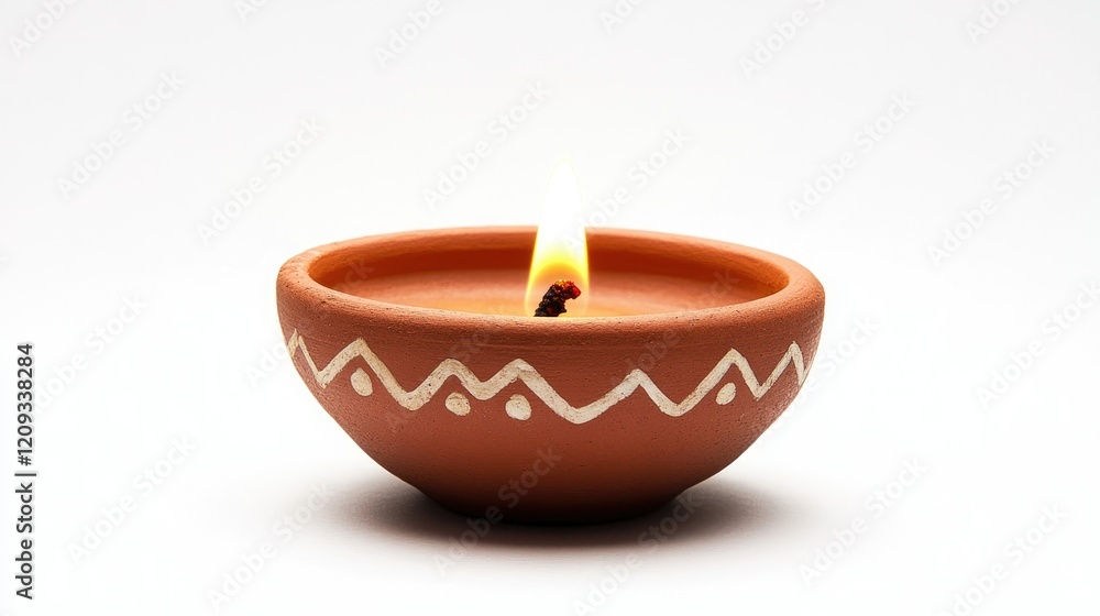 Clay diya lamp with a glowing wick isolated on a bright white background, emphasizing its traditional charm. Clay diya lamp with a glowing wick isolated on a bright white background, emphasizing its traditional charm.