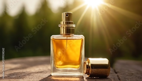 luxury elegant glass perfume bottle mockup outdoor forest scene with sunlight. 3d render. A clear glass perfume bottle with a silver cap stands on rock amidst a lush garden bathed in sunlight.1233 photo