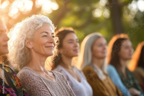 Uplifting moments of women bonding at a wellness retreat focused on anti-aging and personal growth in nature