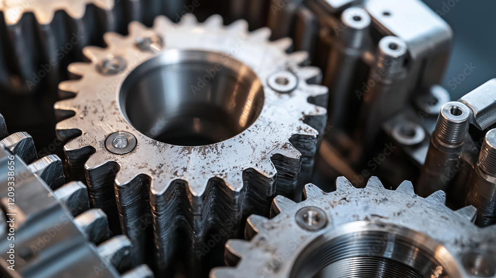 A detailed close-up of metal gear sprockets inside a well-used machine, showcasing intricate textures, scratches, and wear marks