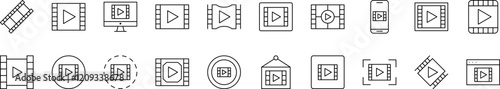 Video Tape Line Icon Set. Outline Signs for Graphic and Web Design, Apps, Adverts, Various Cards