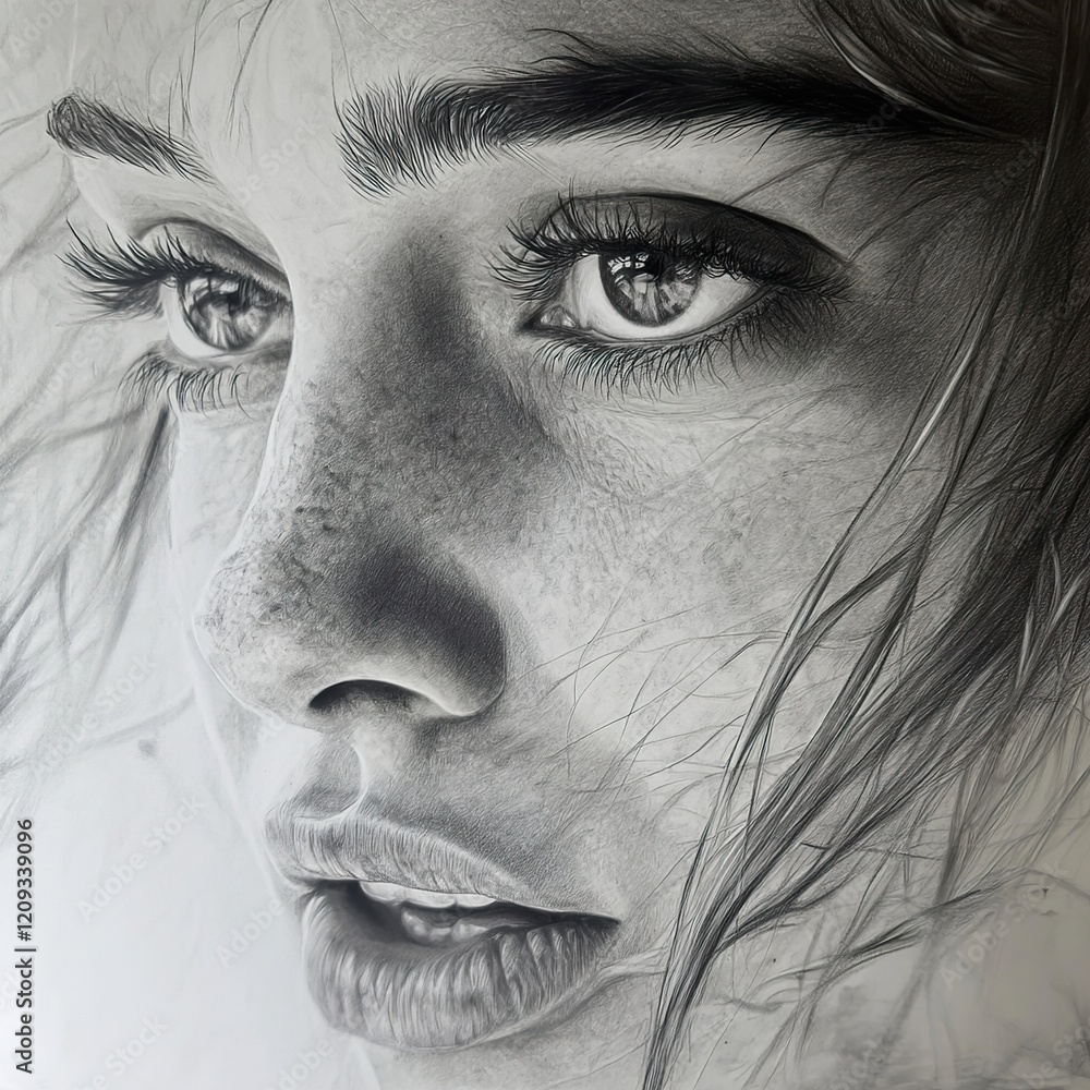 Fototapeta premium Penciled Portrait of a Woman: A Monochromatic Masterpiece