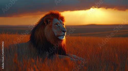 A majestic lion resting in golden grass during a sunset, showcasing nature's beauty.