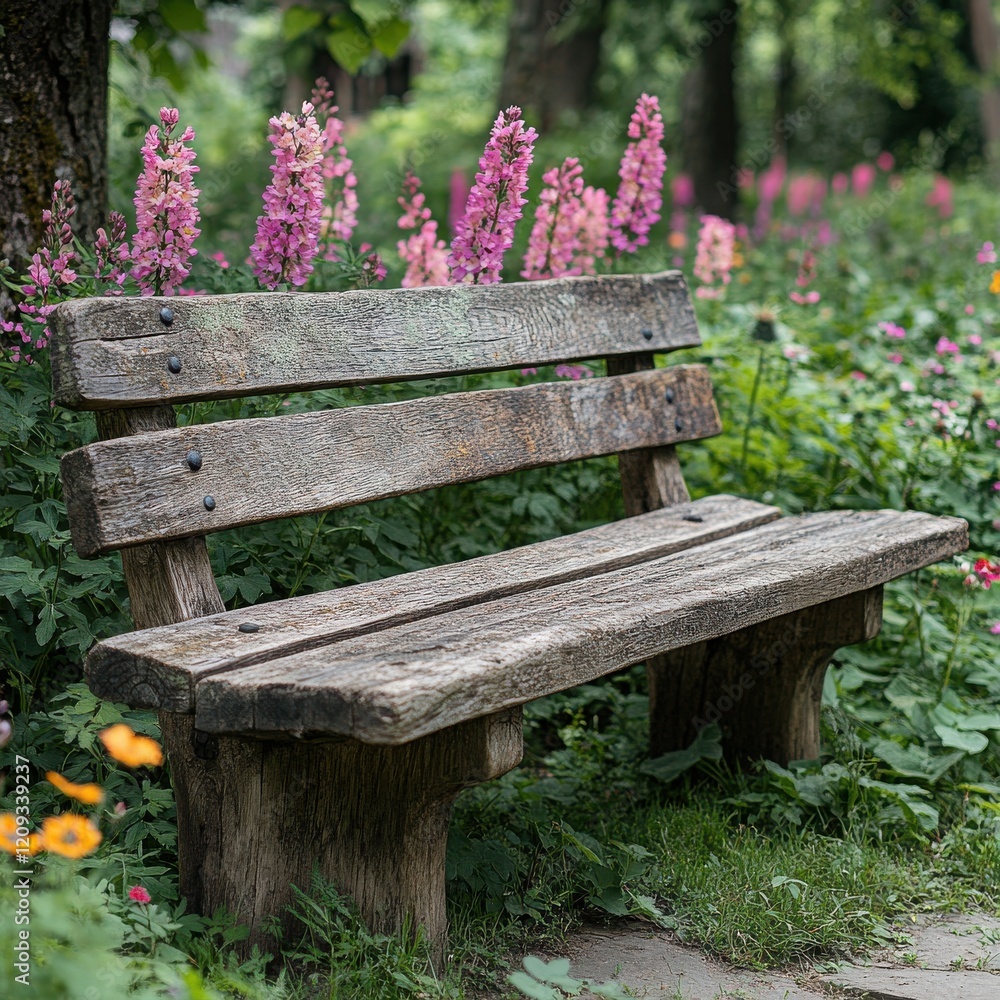Rustic Wooden Bench Surrounded by Colorful Flowers in Nature Rustic Wooden Bench Surrounded by Colorful Flowers in Nature