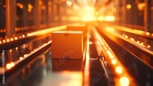 Close-up of boxes on a conveyor belt in a warehouse