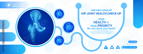 Hip joint human in stethoscope frame. Medical health care check up. Magnifying glass examining organ icon. Template design background banner for medical ads social media editable. Vector.