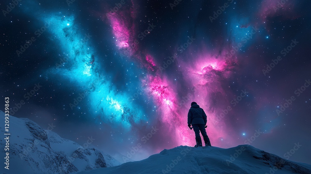 Fototapeta premium Tourist gazes at magnificent nebula through telescope on snowy mountain