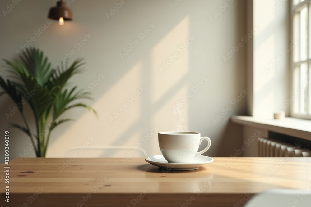 A steaming cup of coffee rests on a light wood table, bathed in warm sunlight filtering through a nearby window, a tranquil scene of simple pleasures and quiet moments A steaming cup of coffee rests on a light wood table, bathed in warm sunlight filtering through a nearby window, a tranquil scene of simple pleasures and quiet moments