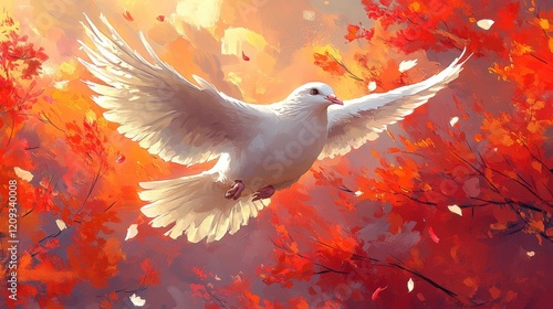 Wallpaper Mural A Majestic White Dove in Flight Among Vibrant Autumn Leaves Illuminated by Soft Sunlight, Evoking a Sense of Freedom and Serenity in Nature's Beauty Torontodigital.ca