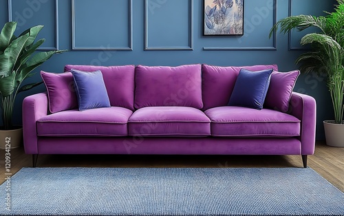 Purple velvet sofa in modern living room. photo