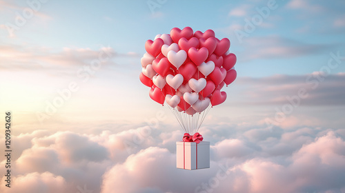 Heart shaped balloons floating in the sky with white gift boxes, creating an atmosphere full of romance and joy, Love concept for Happy Mother's Day. Valentine's Day. photo