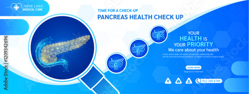 Medical health care check up. Pancreas human in magnifying glass frame. Stethoscope examining organ icon. Template design background banner for medical ads social media editable. Vector.