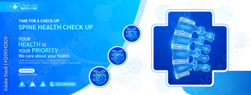 Spine bone in cross or plus frame. Medical health care check up. Shield and magnifying glass examining organ icon. Template design background banner for medical ads social media editable. Vector.