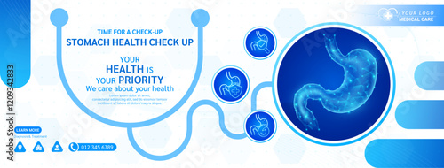Stomach human in stethoscope frame. Medical health care check up. Magnifying glass examining organ icon. Template design background banner for medical ads social media editable. Vector.