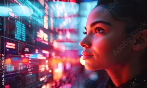 Vibrant Corporate Office with Diverse Employees Collaborating around Glowing Digital Interfaces