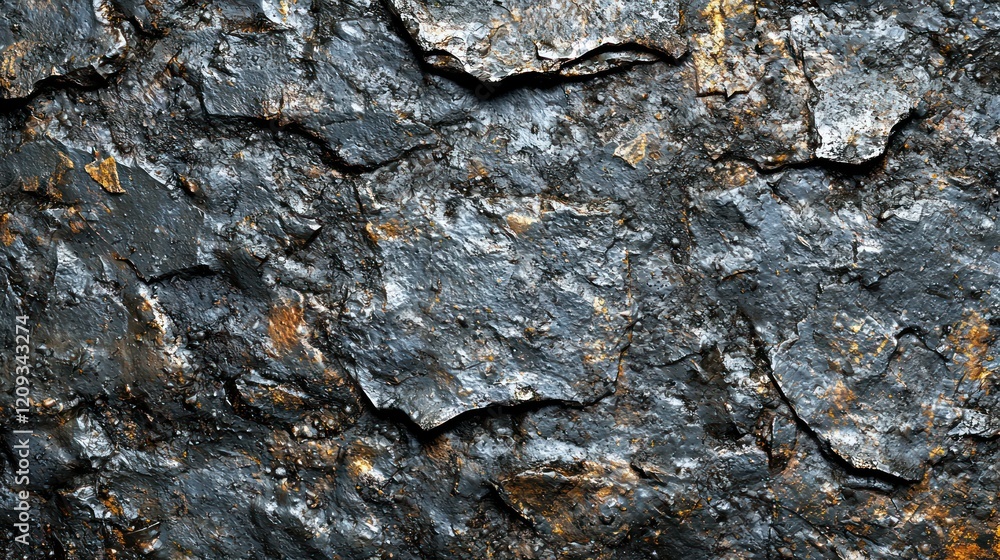 Fototapeta premium Textured surface of dark rock with varying layers and highlights.