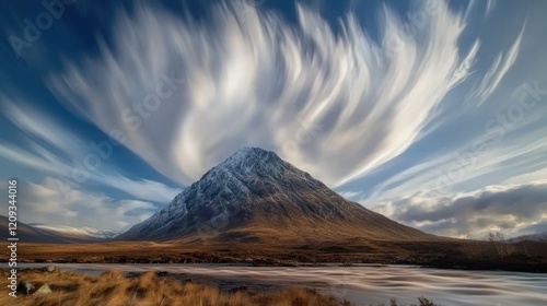 A majestic mountain with snow-capped peak under a dynamic sky filled with streaking clouds photo