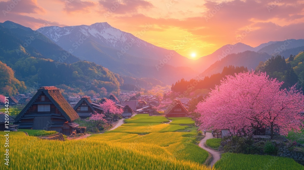 Obraz premium green rice field with blooming cherry blossom at countryside of Japan at Mount Fuji area with traditional japanese Shirakawa-go house style.