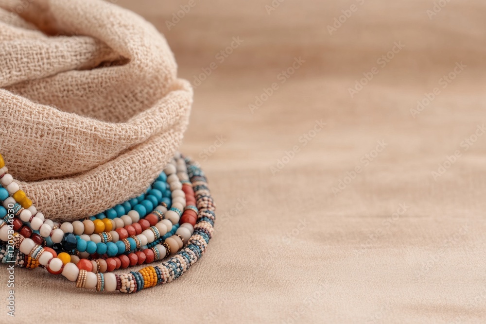 Vibrant beaded necklace displaying intricate patterns on a soft neutral background creating a stunning visual appeal Vibrant beaded necklace displaying intricate patterns on a soft neutral background creating a stunning visual appeal