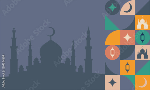 Greeting card template theme of Islamic event for wallpaper design. Poster, media banner.  photo