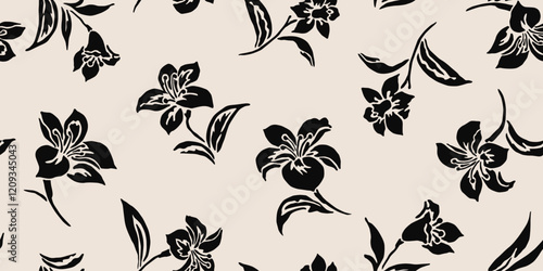 Hand drawn minimal abstract flowers. Seamless patterns with organic shapes florals in black and white color for fabric, textiles, clothing, wallpaper, cover, banner, home decor, backgrounds.