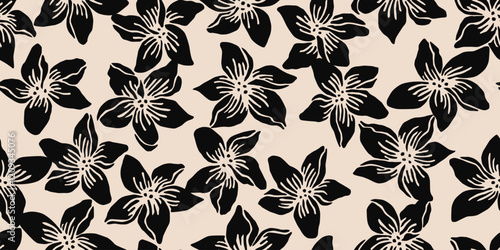 Hand drawn minimal abstract flowers. Seamless patterns with organic shapes florals in black and white color for fabric, textiles, clothing, wallpaper, cover, banner, home decor, backgrounds.