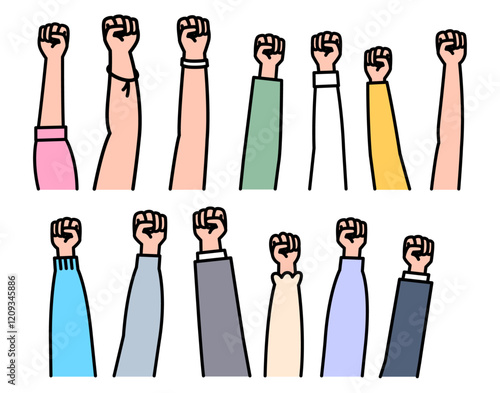 突き上げられた集団の拳 　セット