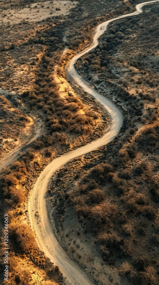 Obraz premium A winding dirt road meanders through an arid landscape. The sunlight casts shadows on the textured terrain. Explore the beauty of nature in this serene scene. Generative AI